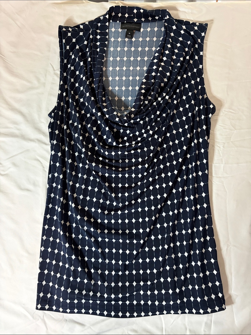Worthington Navy and White Geometric Cowl Neck Sleeveless Top